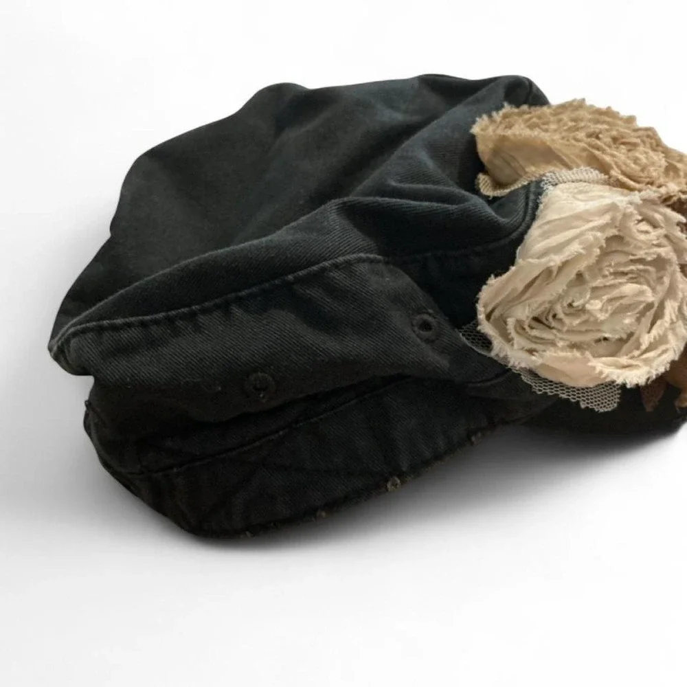 Olive & Pique Cadet Hat Womens OS Black Distressed Floral Rosette Cap